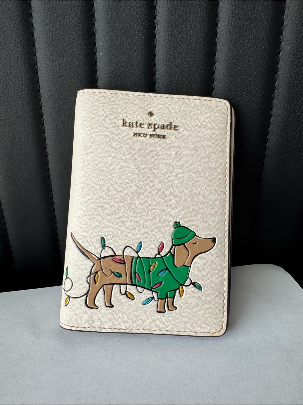 SOLD ! kate spade cream passport holder with dachshund in green sweater